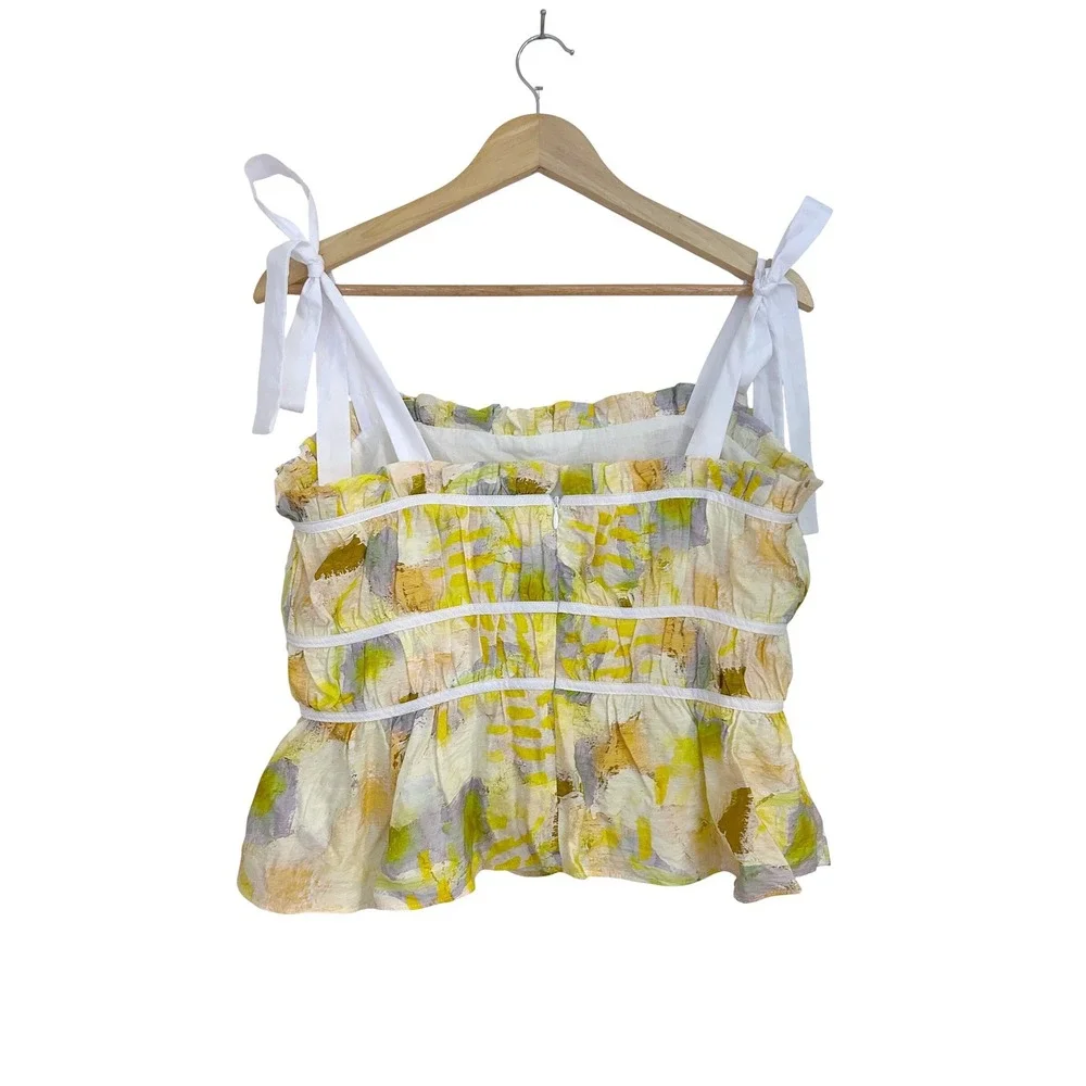 En Saison Torrey Shirred Top Yellow Abstract Tie Strap Peplum Tank Large NWT - Picture 8 of 10